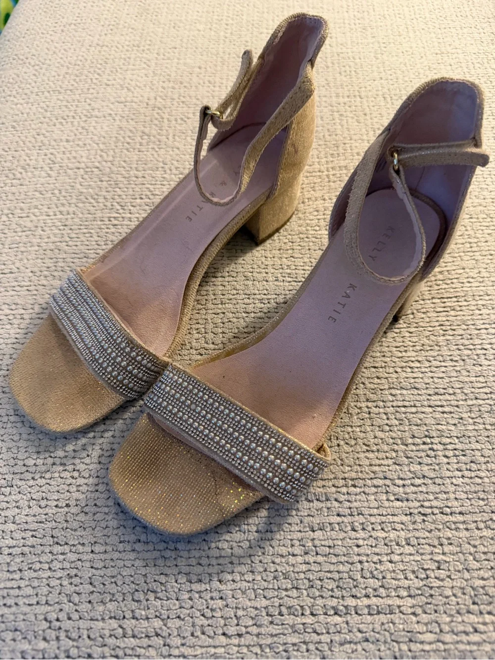 Kelly & Katie Champagne Gold Rhinestone Block Heel Sandals